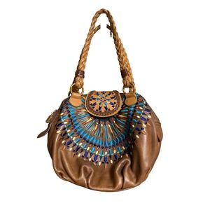ISABELLA FIORE Brown Leather Embroidered Medallion‎ Shoulder Bag Hobo